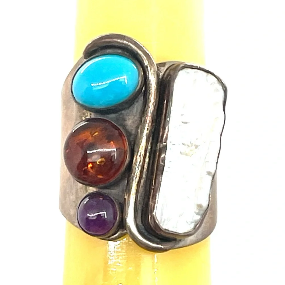 Sterling Southwestern Pearl Turquoise & Gemstone Ring